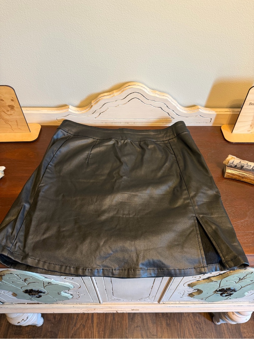 Black Faux Leather A-Line Mini Skirt with Side Slit